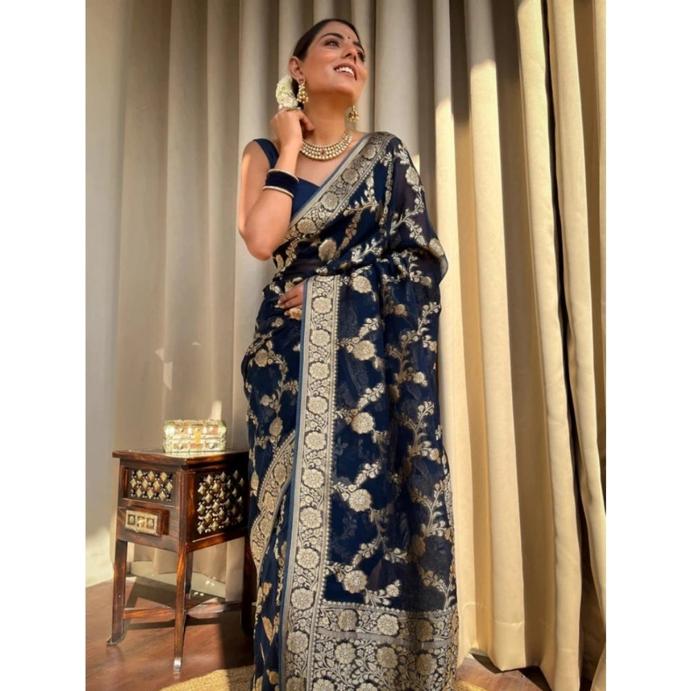 Women's Silk Printed Saree With Unstitched Blouse 5.5Mtr (Dark Blue)