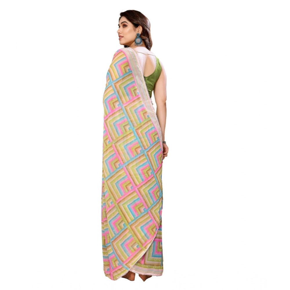 Women's Small Lace Georgette Printed Ready-to-Wear Saree With Unstitched Blouse 5.5 Mtr (Green)