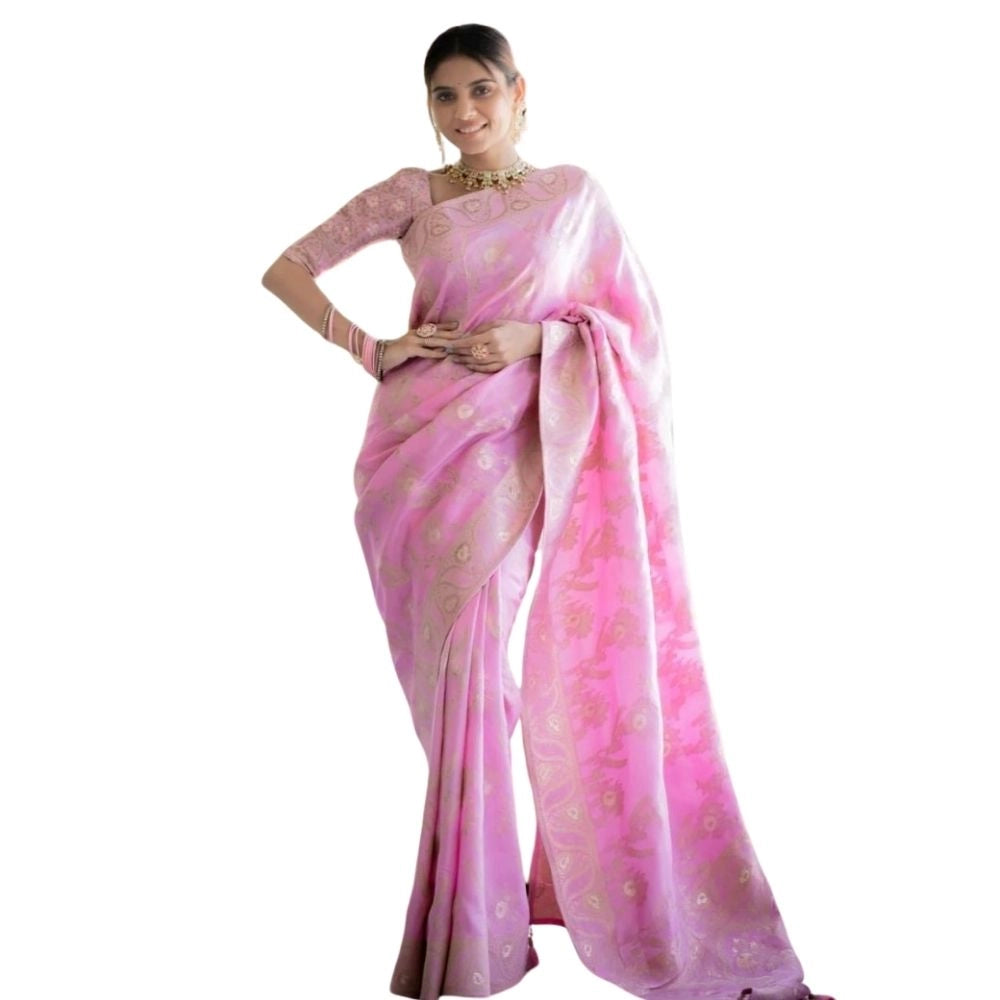 Women's Silk Printed Saree With Unstitched Blouse 5.5Mtr (Pink)