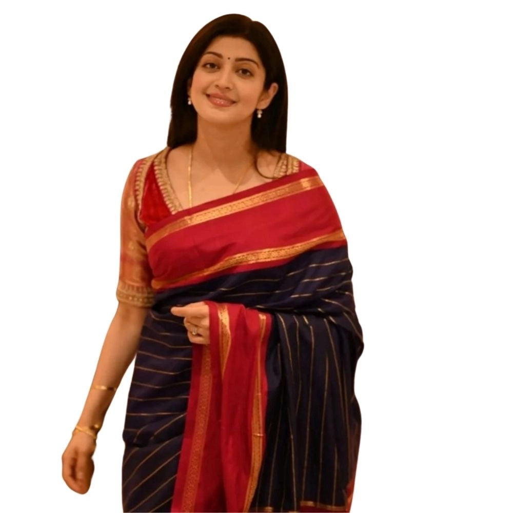Women's Silk Printed Saree With Unstitched Blouse 5.5Mtr (Navy Blue)