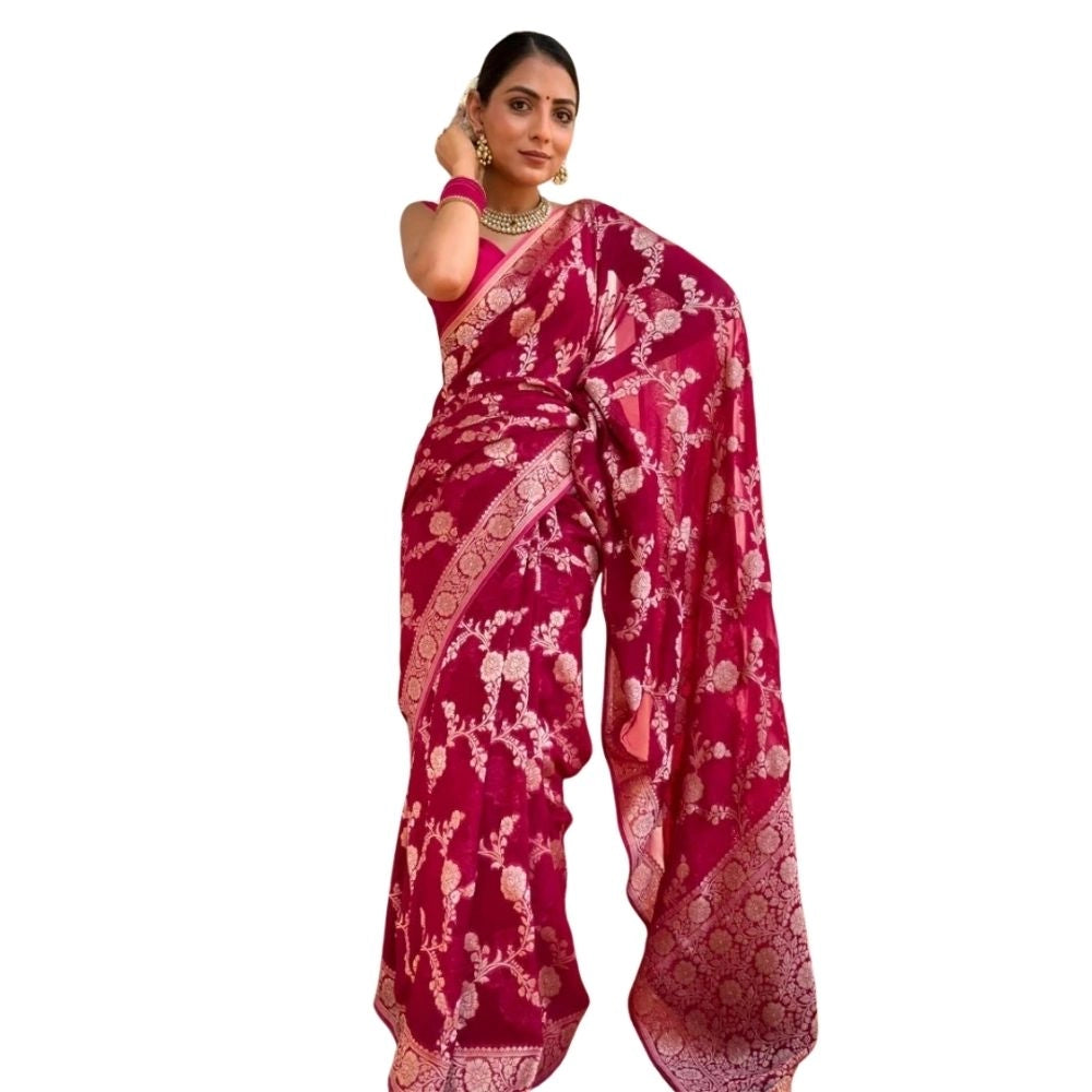 Women's Silk Printed Saree With Unstitched Blouse 5.5Mtr (Pink)