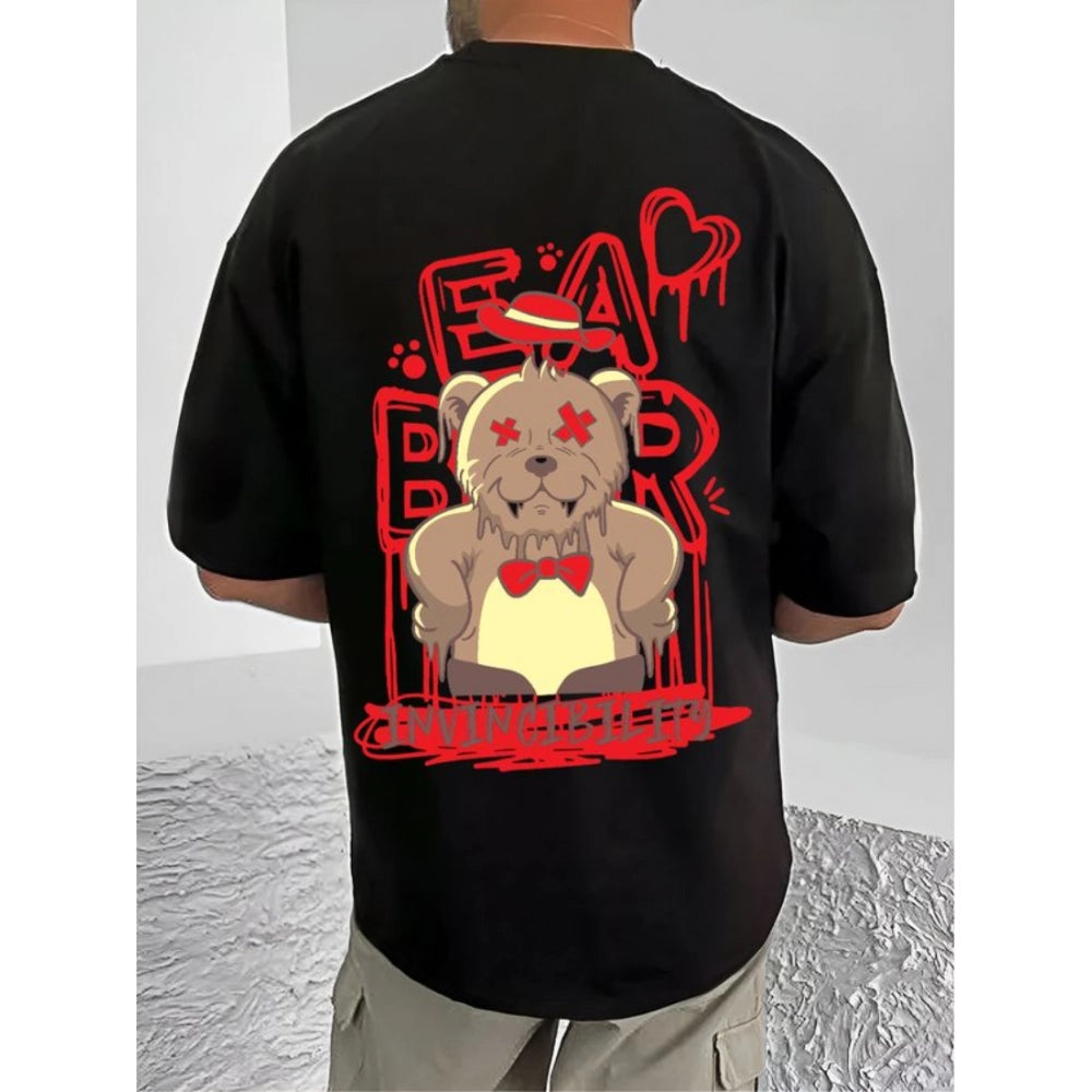 Men's Casual Cotton Blend Printed Round Neck Half Sleeve T-Shirt (Black)