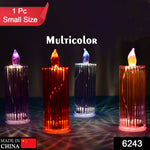 Close-up of the vibrant multicolor glitter swirling inside the LED Crystal Candle.