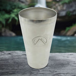 Front view of a sleek stainless steel travel mug, perfect for on-the-go hydration.