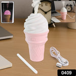 LED desktop humidifier in ice cream cone design showing mist and mood light