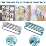 Multipurpose rack demonstrating use for hanging towels and small clothes items.