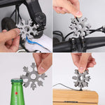 Compact snowflake tool displaying its multiple screwdriver and wrench sizes for daily tasks.