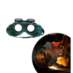Durable dark green welding goggles with clear inner lenses for enhanced visibility during tasks.