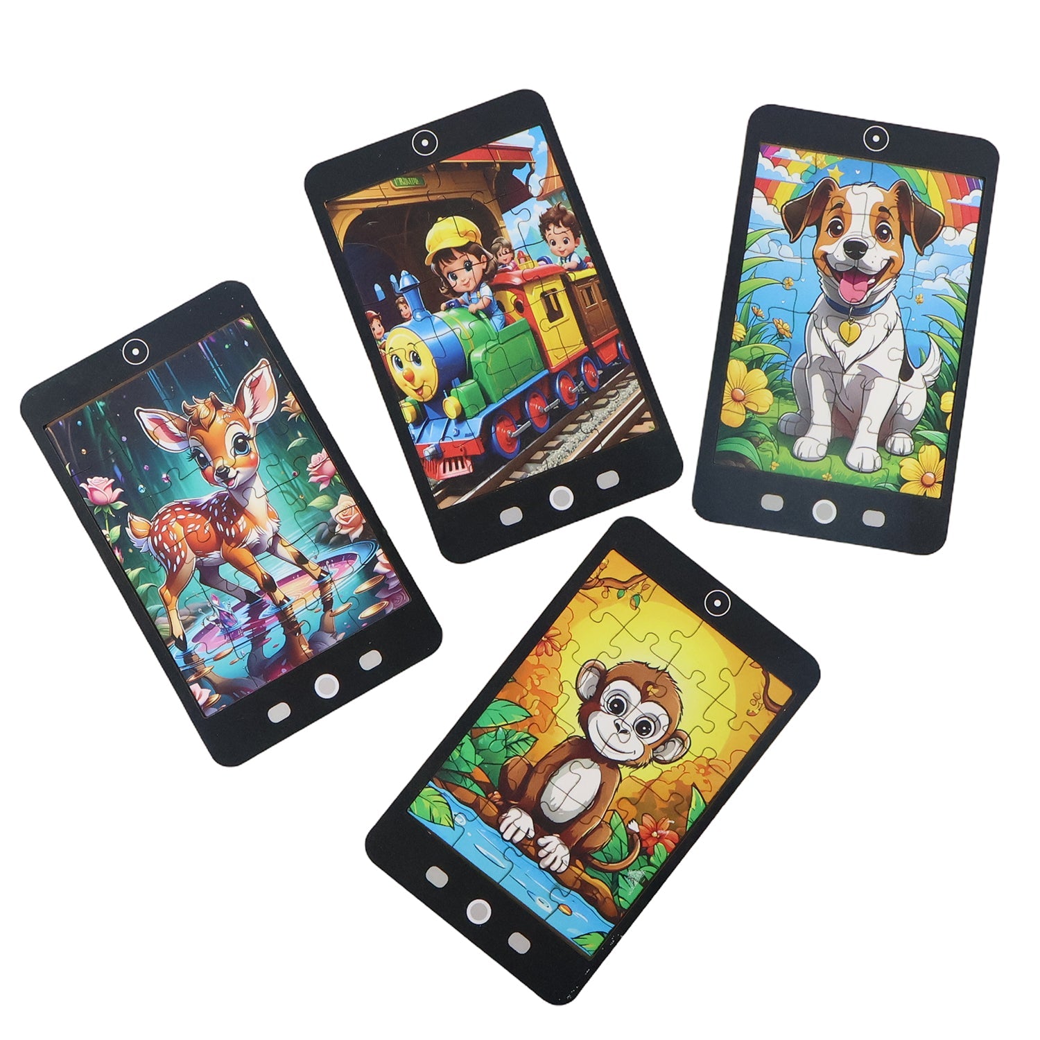 Close-up of interlocking pieces of a mini cartoon jigsaw puzzle.