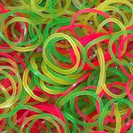 Neatly displayed assorted multicolor rubber bands, perfect for office and school.