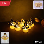 Set of six golden diya LED tealight candles for festive decoration