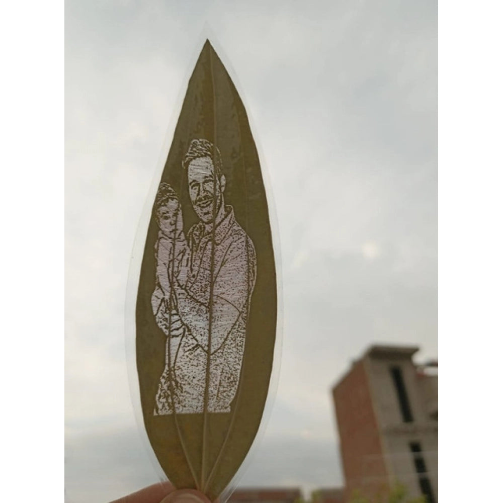 Custom Father &amp; Child Portrait Engraved on Natural Leaf €“ Personalized Botanical Art Gift