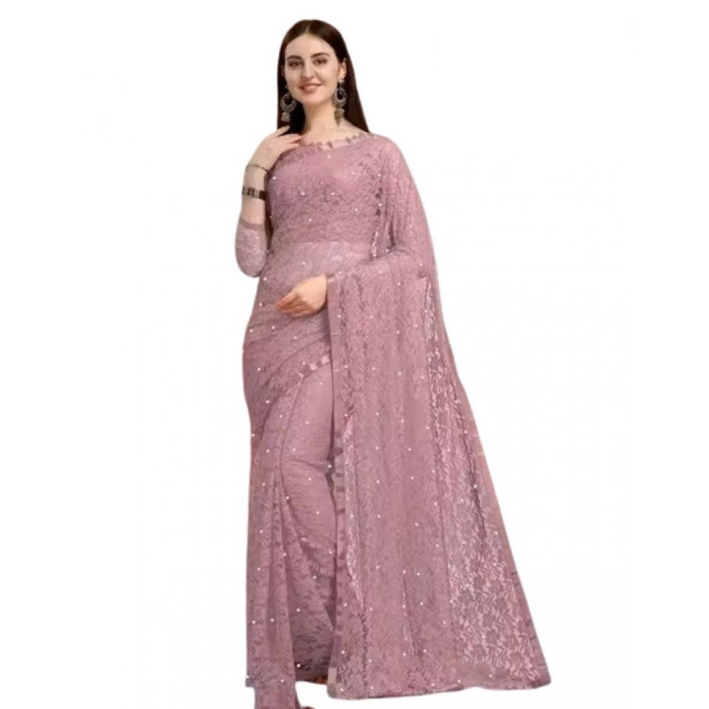 Women's Net Self Design Saree With Unstitched Blouse 5.5Mtr (Light Brown)
