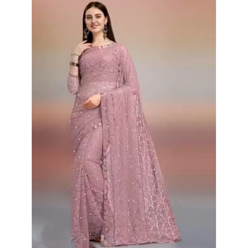 Women's Net Self Design Saree With Unstitched Blouse 5.5Mtr (Light Brown)