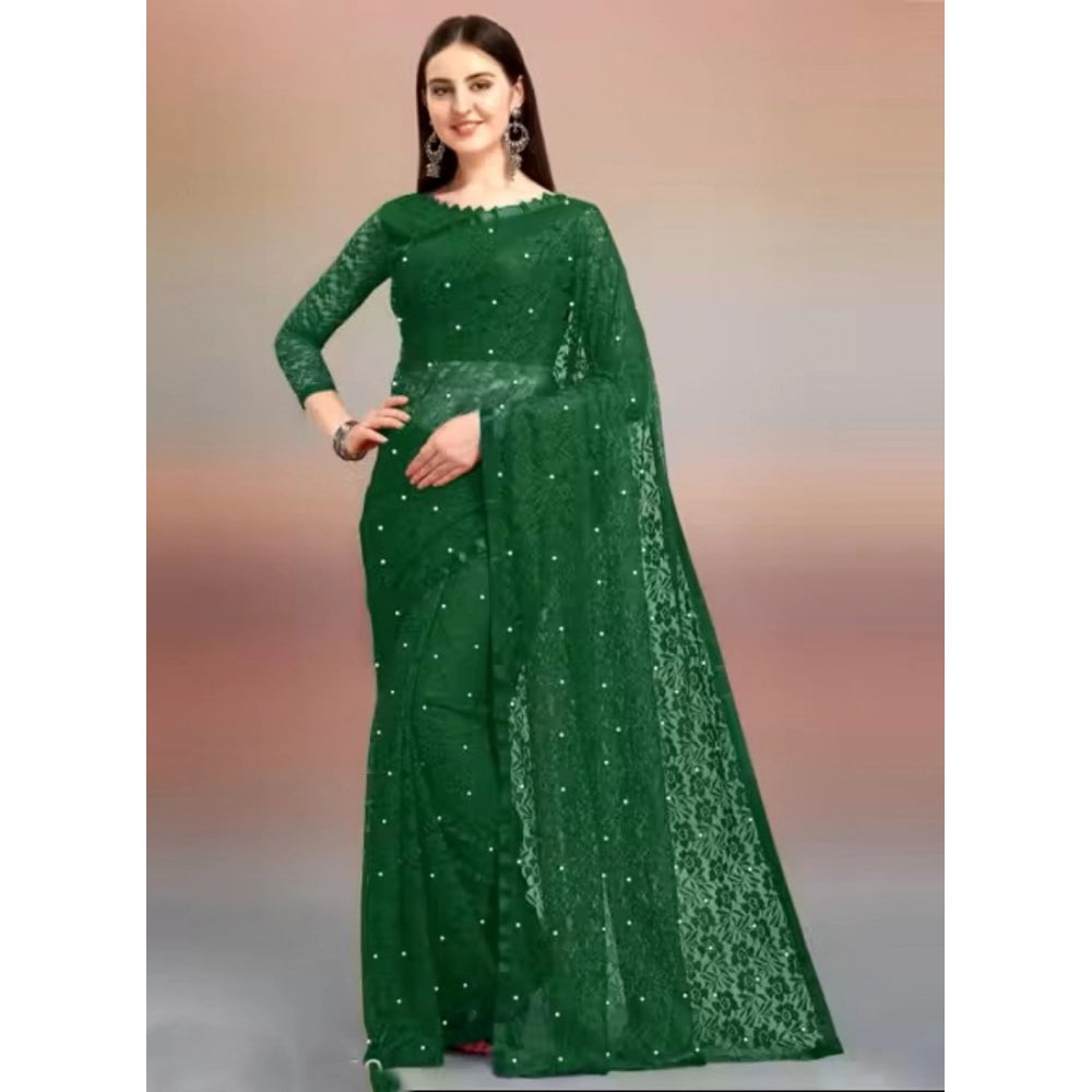 Women's Net Self Design Saree With Unstitched Blouse 5.5Mtr (Green)