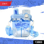 Stylish 2-in-1 snack and drink bottle with ergonomic design for children.