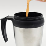 Sleek metallic finish of the durable steel coffee mug.