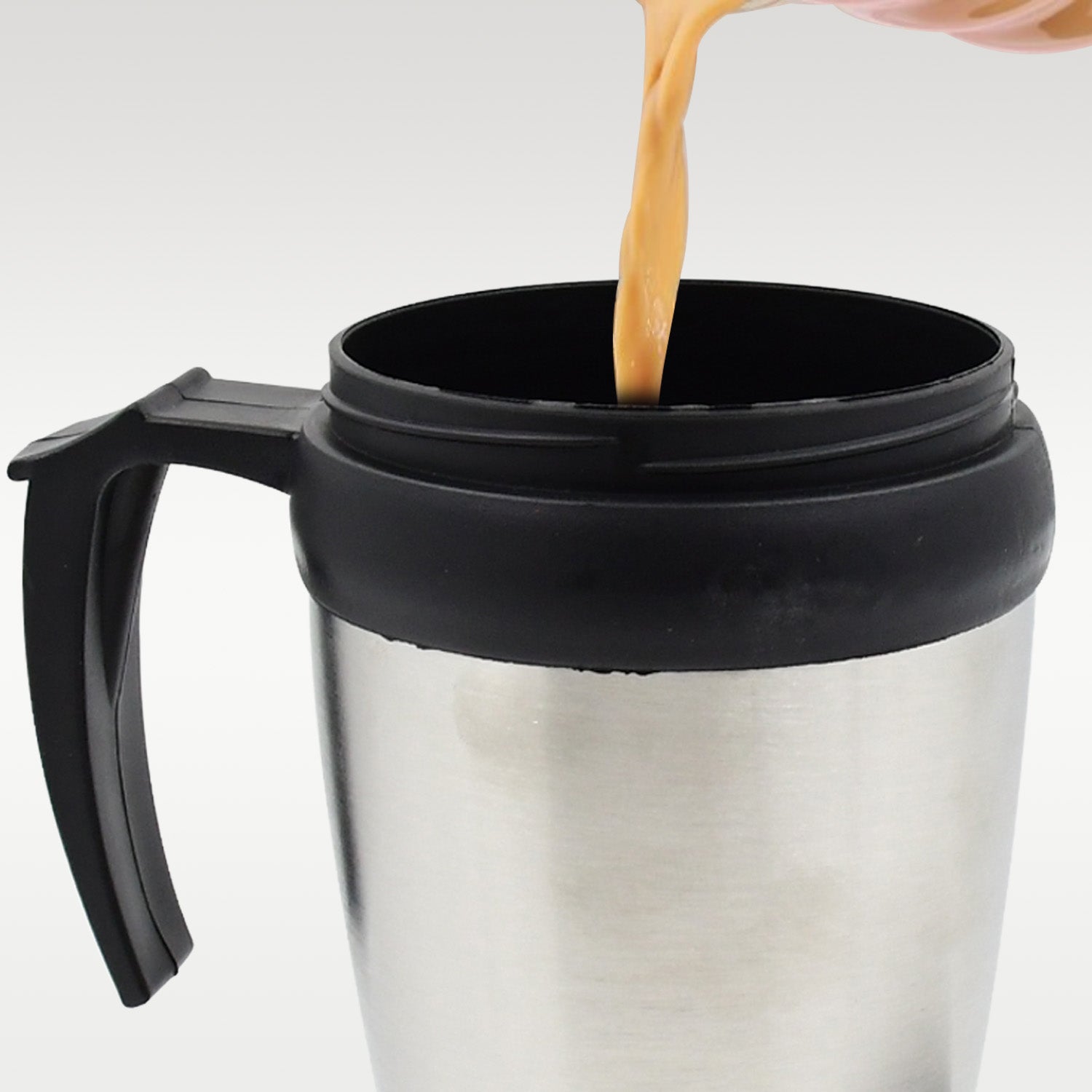 Sleek metallic finish of the durable steel coffee mug.