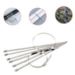 Plain background with a single stainless steel cable tie, highlighting its sleek design.