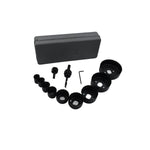 All components of the 12-piece hole saw kit neatly arranged for easy access.