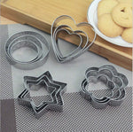 A 12-piece stainless steel cookie cutter set featuring heart, star, round, and flower shapes.