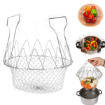 Front view of the unfolded foldable kitchen strainer ready for use in cooking.