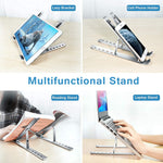 Versatile metal laptop holder supporting a laptop, tablet, and phone on a clean desk.