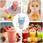 Fresh smoothie in the portable juicer cup with a straw, placed on a table.