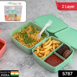Open blue 4-compartment tiffin box, showcasing the internal sections and included spoon.