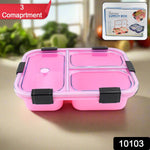 Open view of the plastic 3 compartment lunch box, showcasing separate food sections.