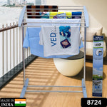 Foldable clothes drying stand made of stainless steel, demonstrating its compact design.