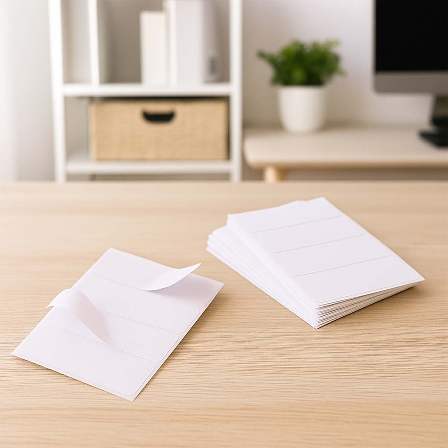 All purpose adhesive white labels neatly stacked and ready for use