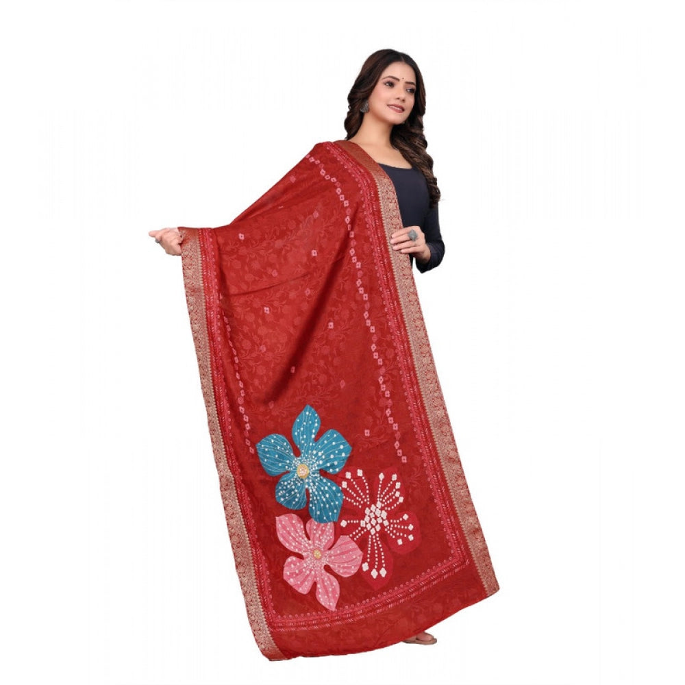 Women's chanderi silk  Printed Dupatta (Red, Length: 2 Mtr)