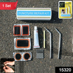 Portable bike tire puncture repair kit with visible SKU label in compact storage
