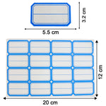 Size reference showing rectangular self-adhesive label stickers on sheet