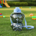 Kids cartoon bear shaped water bottle with built-in straw and shoulder strap