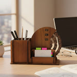 Front view of wooden office desk organizer with compartments