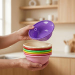 White background showcasing set of 6 colourful plastic bowls