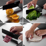 Stainless steel cutting board showing integrated measurement markings for precise cuts