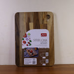 Top view showing wooden frame and stainless steel surface of the cutting board