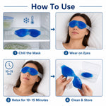 Blue cooling gel eye mask demonstrating use for puffy eyes relief