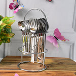 Side view showing polished stainless steel forks and spoons