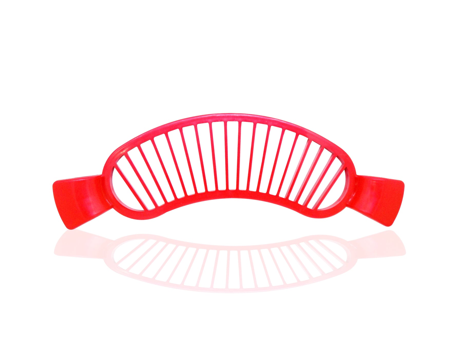 Food-grade plastic banana slicer with ergonomic handle for safe cutting.