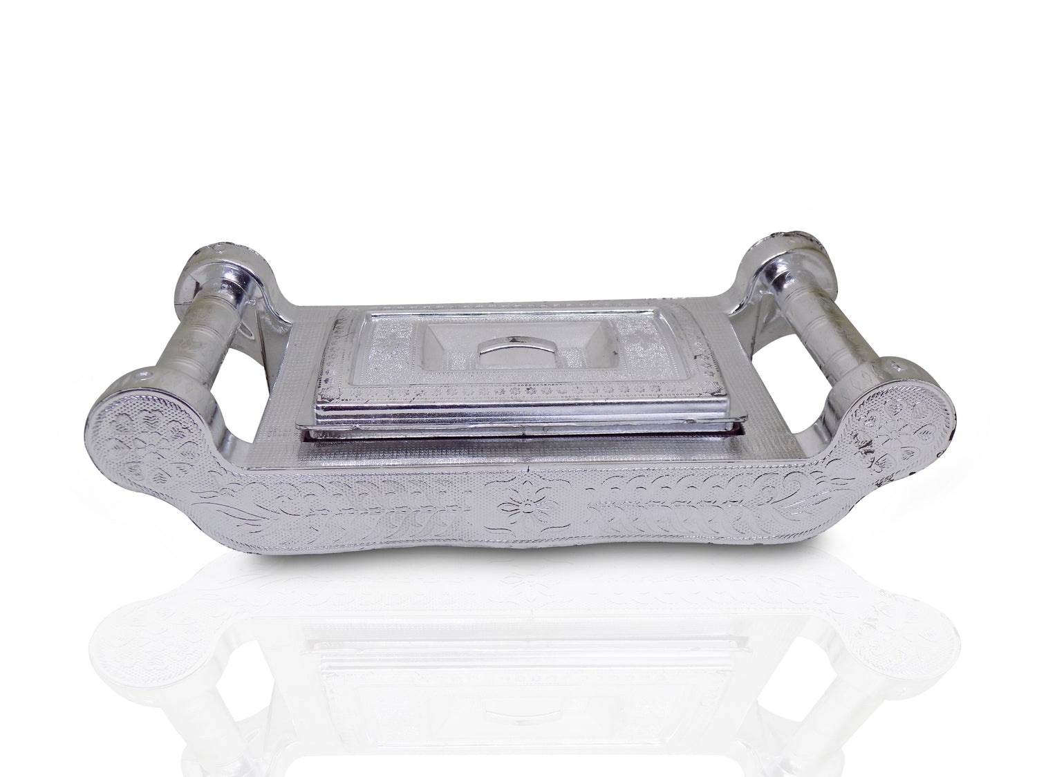 Elegant silver storage box with four sections for gifts and dry fruits.