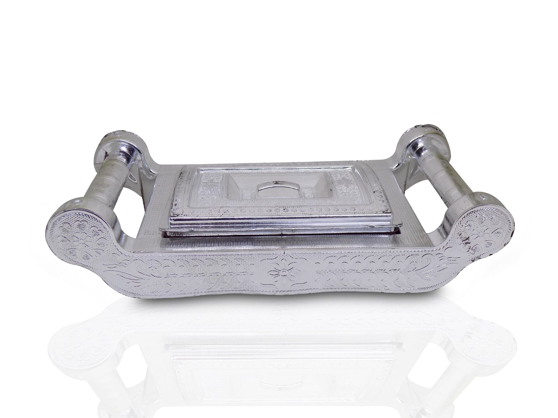 Elegant silver storage box with four sections for gifts and dry fruits.