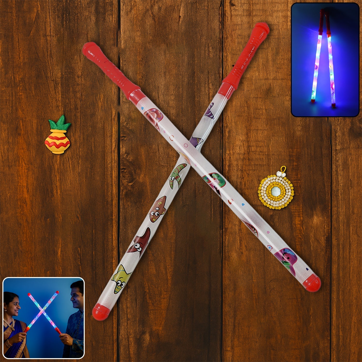 2 Piece LED Dandiya Sticks Set glowing with multi-color festival lights