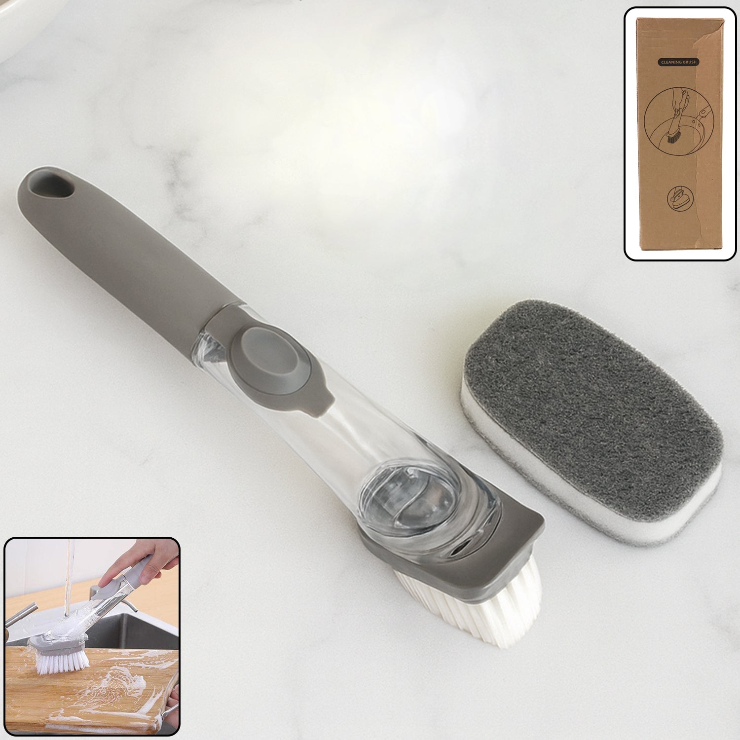 2-in-1 soap-dispensing dish brush with a bristle head and sponge attachment