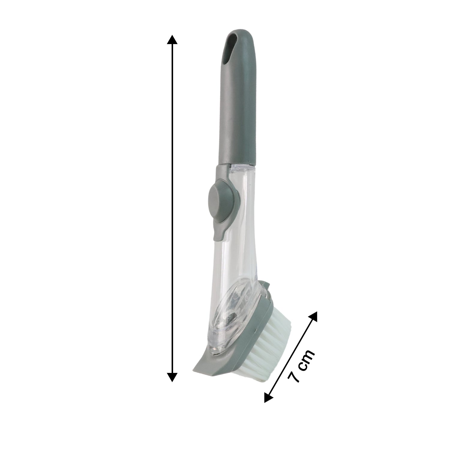 Soap-dispensing dish brush showing its dimensions for easy reference