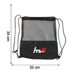 Dimensions of the foldable mesh drawstring gym sack for easy storage.