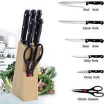 Cutlery knife block set with ergonomic handles and tempered steel blades